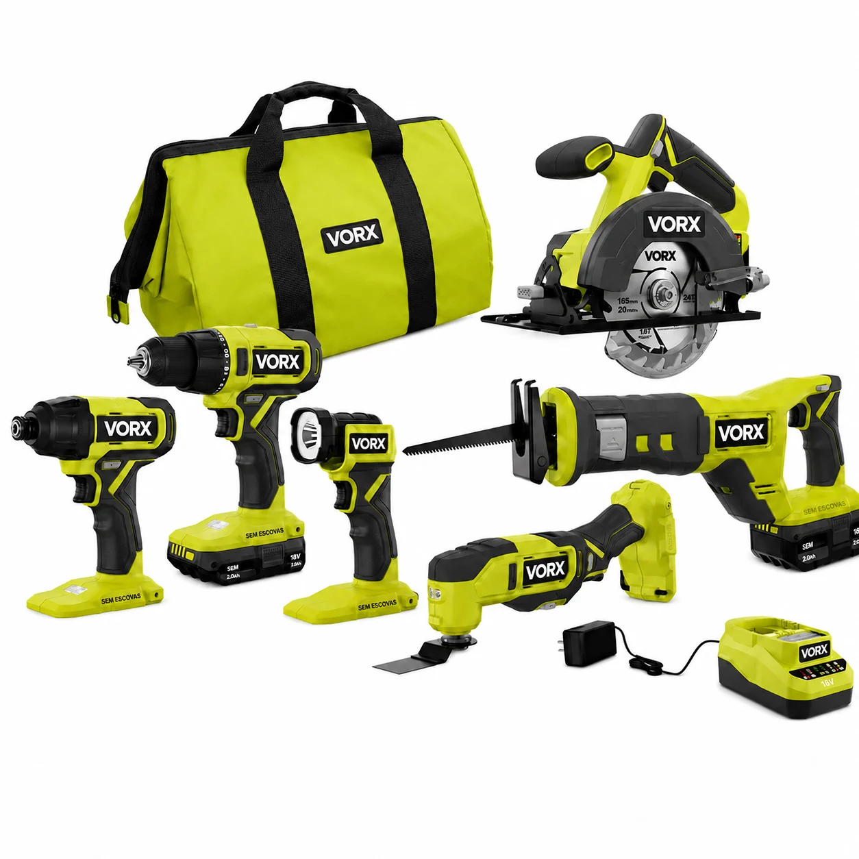 Kit de Ferramentas Sem Fio VORX+ 18V com 6 Ferramentas, 2 Baterias, Carregador e Bolsa